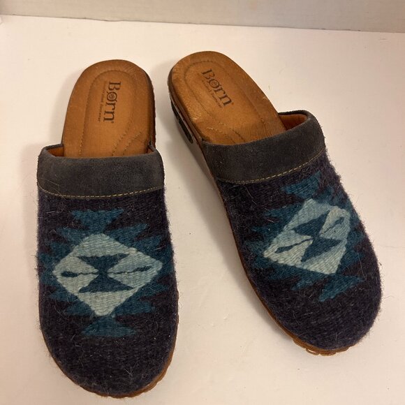 Børn Wool Felt & Suede Clogs – Size 8 / 39, Blue Aztec Pattern, Wooden Sole - Picture 1 of 6